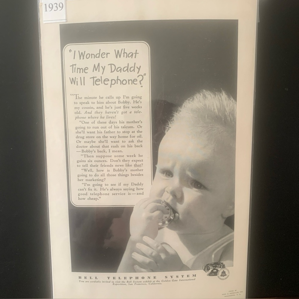 Vintage 1939 Bell Telephone System I Wonder What Time Ad Advertisement
